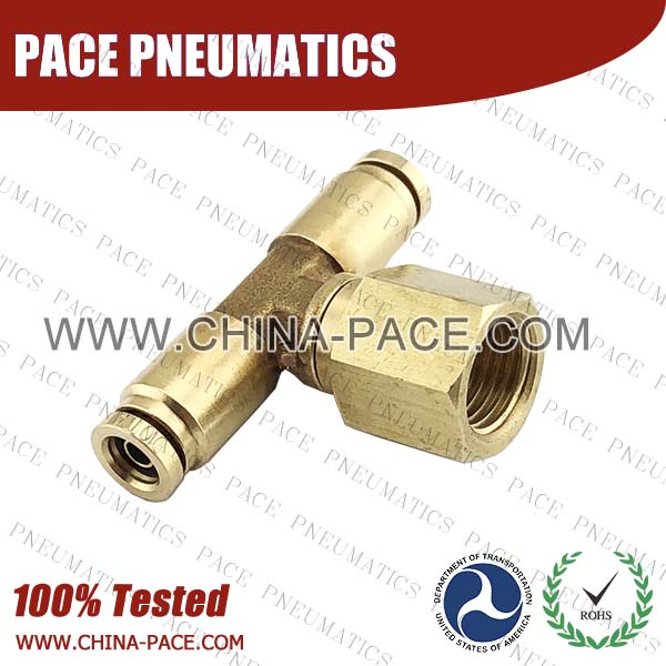 Female Branch Tee Swivel DOT Push To Connect Air Brake Fittings, DOT Push In Air Brake Tube Fittings, DOT Approved Brass Push To Connect Fittings, DOT Fittings, DOT Air Line Fittings, Air Brake Parts
